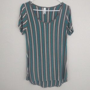 LuLaRoe gray, teal and white vertical striped tee